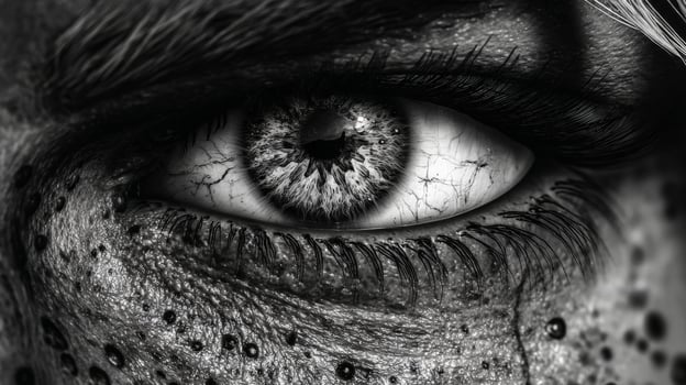 Dramatic Black And White Close Up Of A Human Eye With Textured Skin And Intense Gaze photo