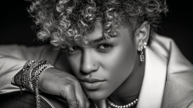 Dramatic Black And White Portrait Of A Young Musician With Curly Hair And Guitar photo