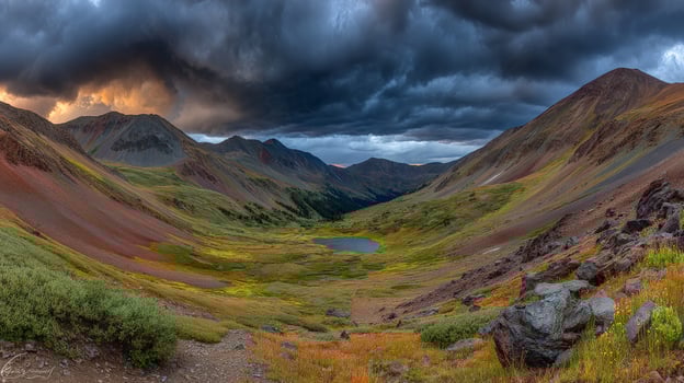 Dramatic Mountain Range Sunrise Panorama with Alpine Lake photo