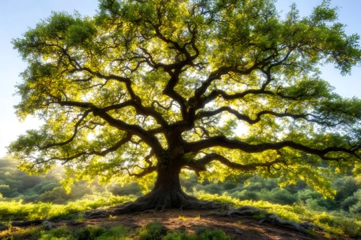 Majestic oak tree standing in a field at sunrise, illuminating the branches and leaves photo
