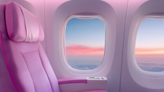 Pink seats on an airplane with a view of the sky photo