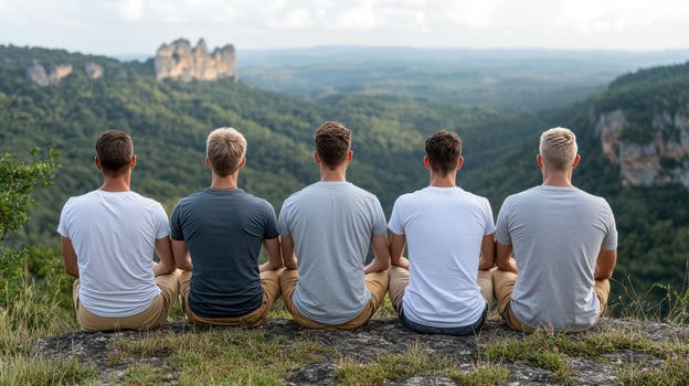 Five men sitting on a hill overlooking a valley photo