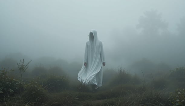 A person in a white robe walking through a foggy field photo
