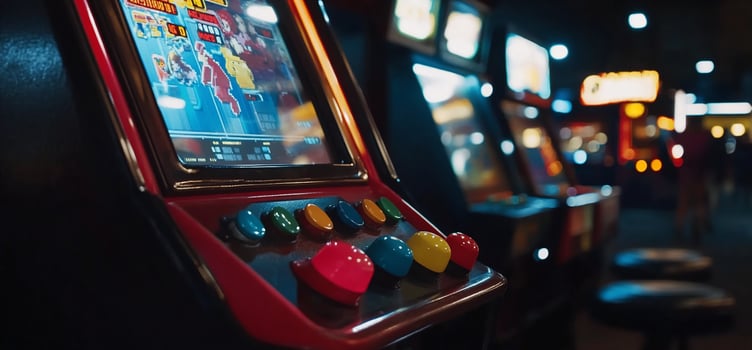 Colorful arcade game machine, glowing screen and control panel photo