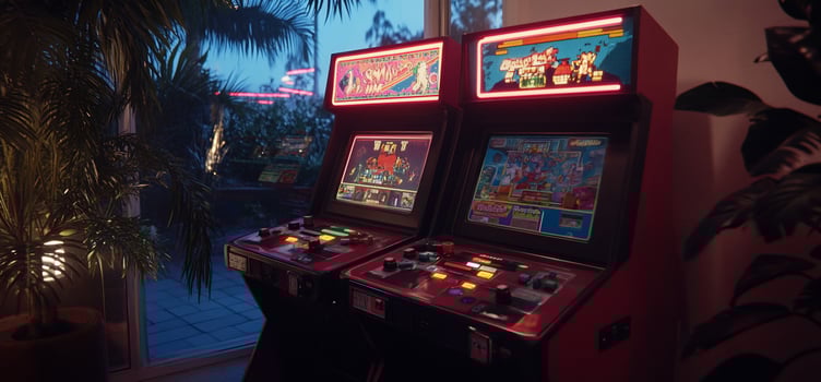 Retro arcade games in a dimly lit room photo