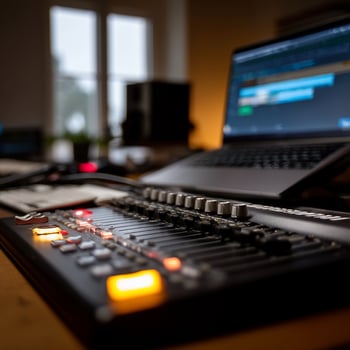 Audio mixing console, laptop, and music production software. Close-up view of equipment in a home recording studio photo