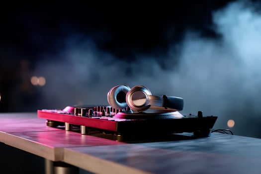 DJ equipment on a table in a smoky nightclub photo
