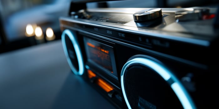 Retro boombox glows with vibrant light photo