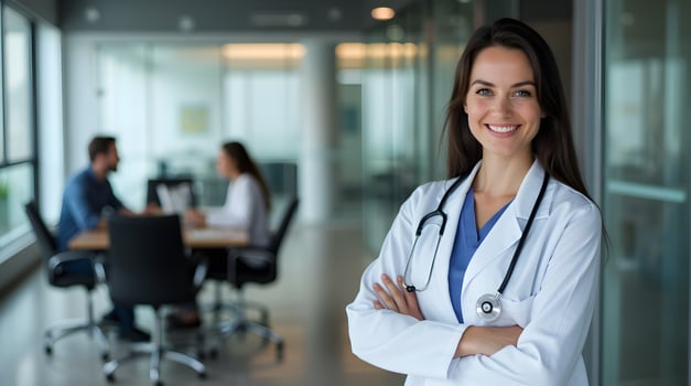 A woman in a doctor's coat standing in front of a group of people photo