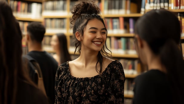 Smiling teen girl chats with friends in library photo