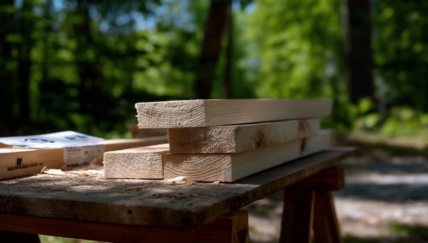 Stacked lumber pieces on a workbench outdoors. Sunlight highlights the wood grain photo