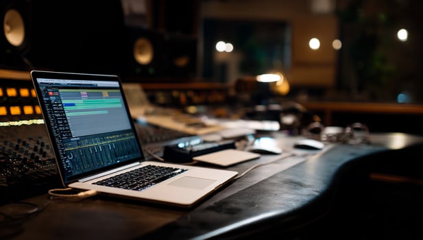 Laptop in recording studio, audio editing software photo