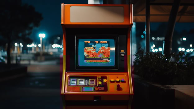Retro arcade game machine at night. City lights visible in the background photo