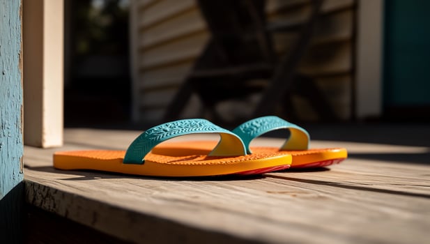 A pair of orange and blue flip flops on a wooden porch photo