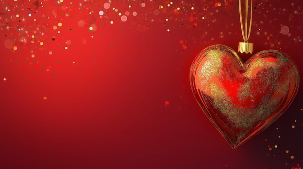 A red heart with gold glitter is hanging from a red background photo