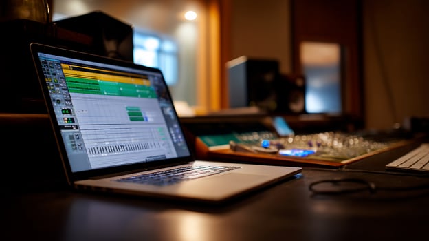 Laptop on a mixing desk in a recording studio. Audio software displayed on screen photo