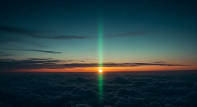 Stunning Sunrise Sky Above Clouds with a Dramatic Green Light Beam photo