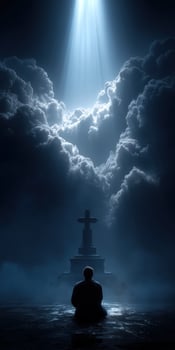 Person meditating at a cultural monument under dramatic clouds photo