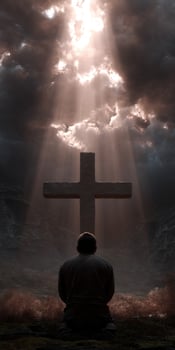 Man kneels in prayer beneath a cross with beams of light photo