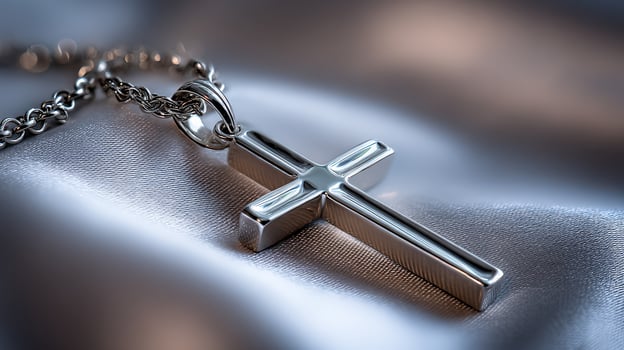 Silver cross pendant resting on satin fabric in soft lighting photo