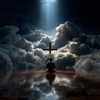 Man meditating in clouds with light and cross during twilight photo