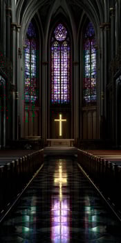 Majestic interior of a cathedral with vibrant stained glass photo