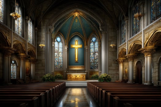 Majestic interior of a grand church with stained glass windows photo