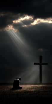 Spiritual reflection under dramatic sky with cross photo