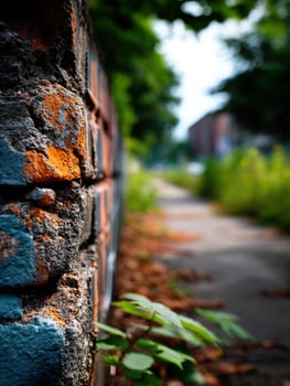 Urban landscape with textured wall and overgrown pathway photo