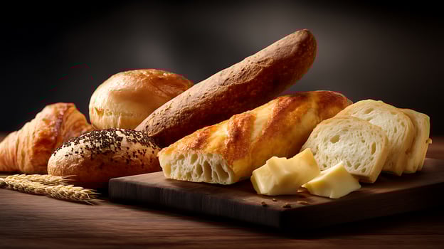 A wooden cutting board with bread, cheese and other food photo