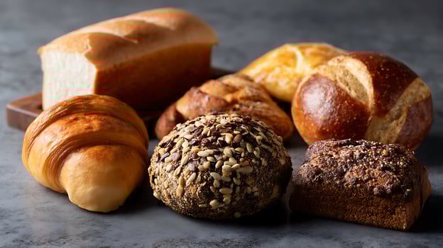 Various types of breads on a table, image of foods photo