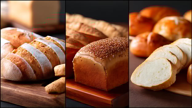 Four different pictures of breads on a cutting board photo