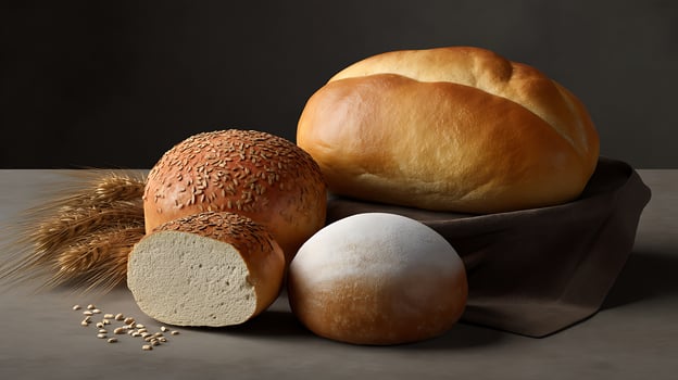 A loaf of bread, a loaf of rye bread, and a loaf of wheat photo