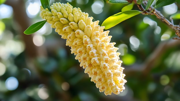 a yellow flower on a tree branch, flower photography photo