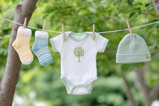 Baby clothing set featuring a white onesie with tree design, striped socks in pastel colors, and a soft green hat, all hanging on a clothesline surrounded by greenery photo