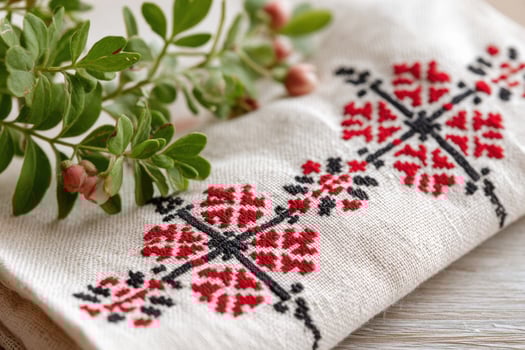 Palestinian tatreez embroidery displayed on fabric, featuring intricate red and black floral patterns, surrounded by fresh greenery, showcasing traditional craftsmanship and cultural heritage photo