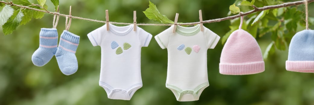 Baby clothing items including onesies, socks, and a hat are hanging on a clothesline outdoors, surrounded by green leaves, showcasing a charming and playful atmosphere for infants photo