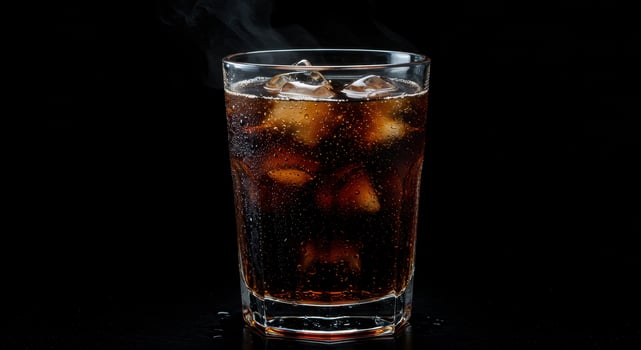 Refreshing root beer with ice cubes in a glass on a dark background. Cold drink with condensation and steam for summer refreshment. photo