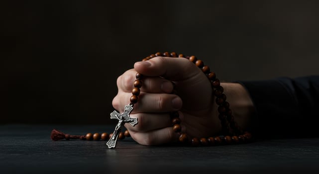 Close up of a mans hand holding a wooden rosary with a silver cross on a dark surface, emphasizing faith and religious devotion. photo