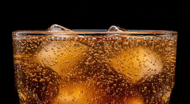 Refreshing caramel colored carbonated drink with ice cubes in a glass, showcasing effervescence and condensation against a dark background. photo