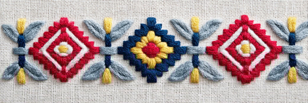 Nordic Sami embroidery featuring intricate patterns in vibrant colors, showcasing traditional craftsmanship with geometric shapes and floral motifs on a textured fabric background photo
