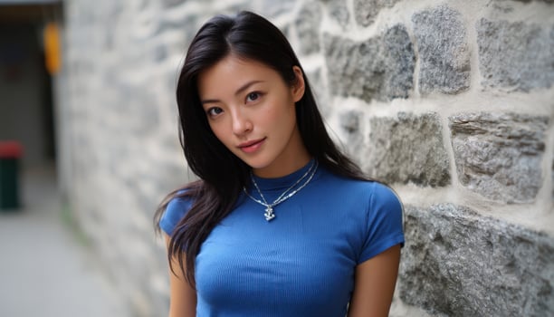 Portrait of a young asian woman in a blue top urban setting lifestyle photography natural light photo
