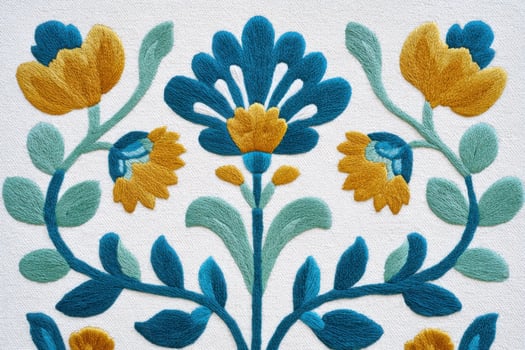 Colorful floral embroidery design featuring vibrant blue and yellow flowers with intricate green leaves on a textured fabric background, showcasing artistic craftsmanship and creativity photo