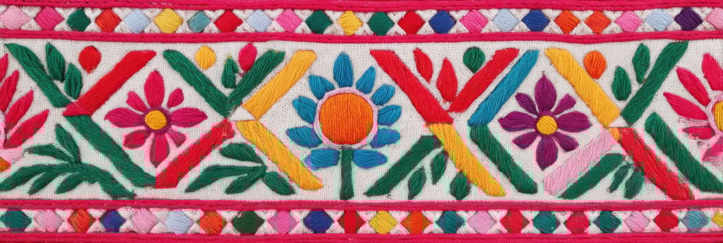 Indian phulkari embroidery showcasing vibrant floral patterns and geometric designs in rich colors, highlighting traditional craftsmanship and cultural heritage in textile art photo