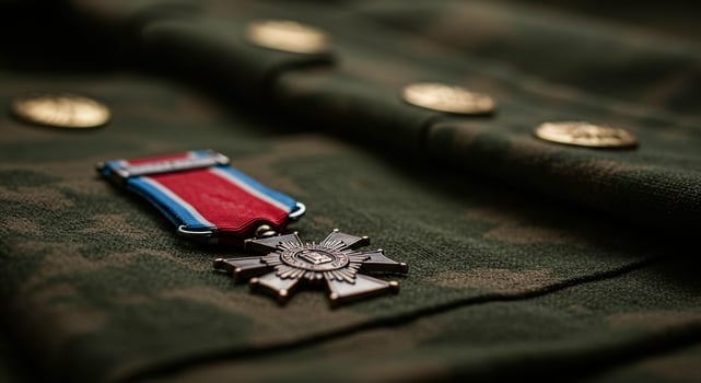 Military Medal Uniform Honor Service veteran Recognition Award Photography Close Up Detail Copy Space photo