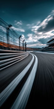 Racing cars speed around a curved track during twilight photo