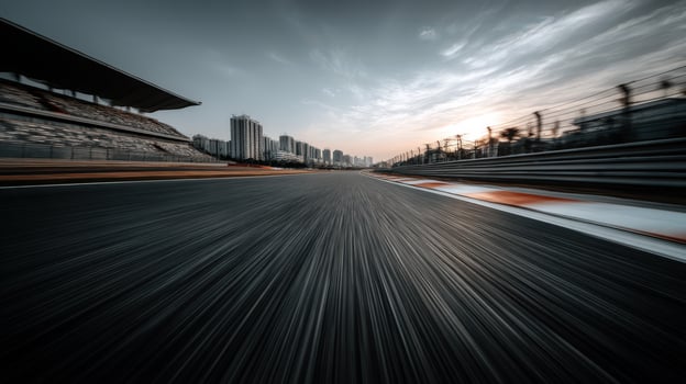High-speed racing track at dusk in urban setting photo