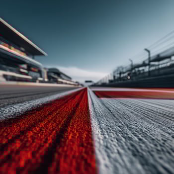 Racing track perspective showing vibrant red and white lines photo