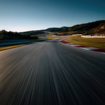Racing track curves through hilly landscape at sunset photo