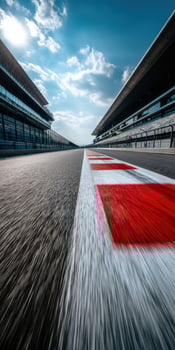 Racetrack view with vibrant lines and grandstands under blue sky photo